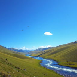 A serene landscape featuring a clear blue sky, rolling green hills, and a sparkling river flowing through the valley