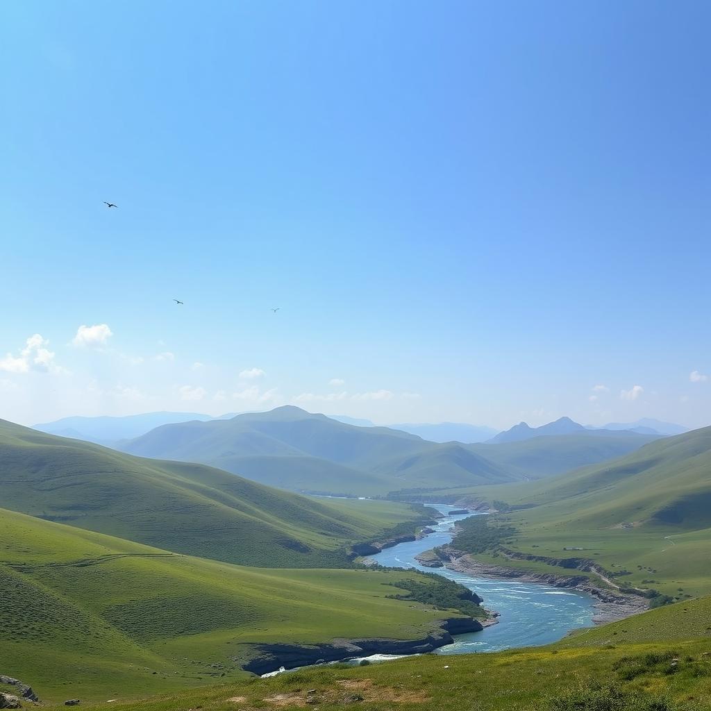 A serene landscape featuring a clear blue sky, rolling green hills, and a sparkling river flowing through the valley