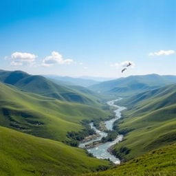 A serene landscape featuring a clear blue sky, rolling green hills, and a sparkling river flowing through the valley