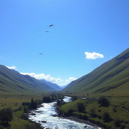 A serene landscape featuring a clear blue sky, rolling green hills, and a sparkling river flowing through the valley