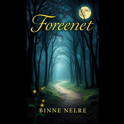 Create a captivating book cover featuring a mysterious forest with a hidden pathway, illuminated by soft moonlight