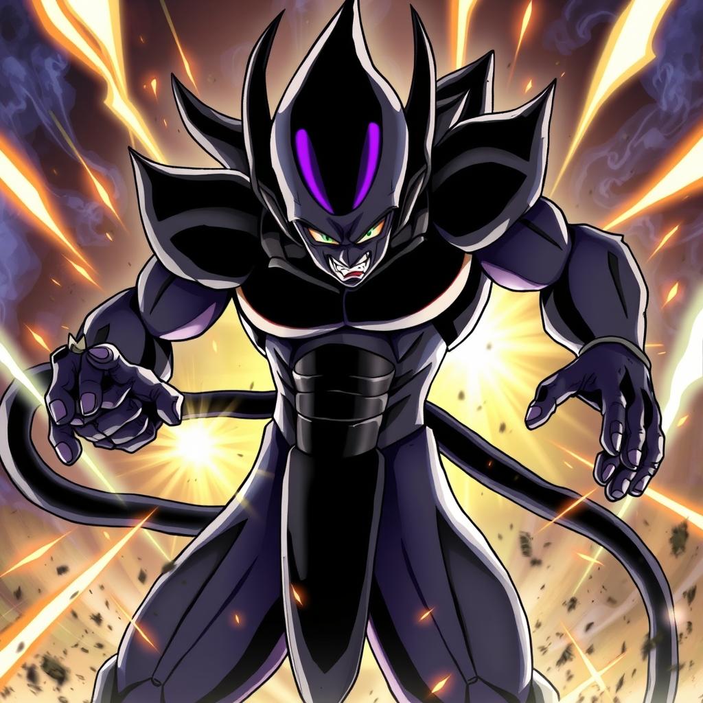 A detailed illustration of Frieza from Dragonball Z in a black-themed transformation