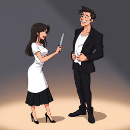 An animated scene featuring a woman wearing a white t-shirt and a black skirt below her knees with black heels, holding a knife, which is placed against the neck of a handsome man