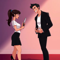 An animated scene featuring a woman wearing a white t-shirt and a black skirt below her knees with black heels, holding a knife, which is placed against the neck of a handsome man