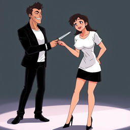 An animated scene featuring a woman wearing a white t-shirt and a black skirt below her knees with black heels, holding a knife, which is placed against the neck of a handsome man