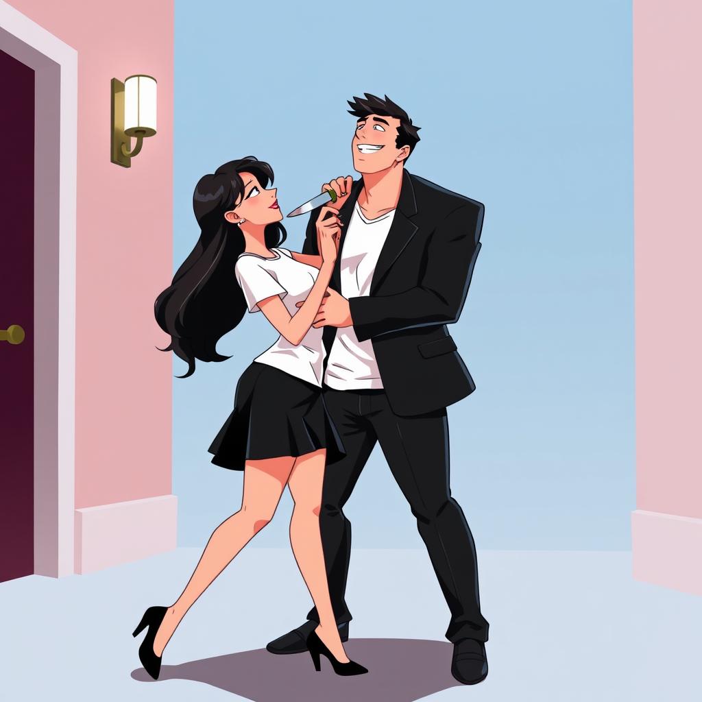 An animated scene featuring a woman wearing a white t-shirt and a black skirt below her knees with black heels, holding a knife, which is placed against the neck of a handsome man