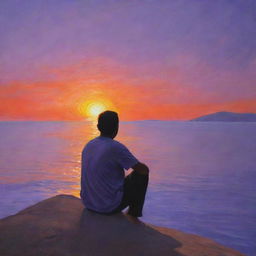 A thoughtful individual lost in deep contemplation. Their gaze fixed on the horizon, as the sun starts to set, painting the sky with mesmerizing hues of orange and purple.