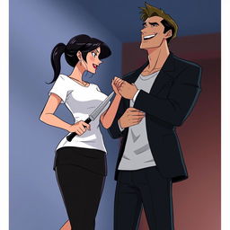 An animated scene featuring a woman wearing a white t-shirt and a black skirt with black heels, holding a knife, which is placed against the neck of a handsome man