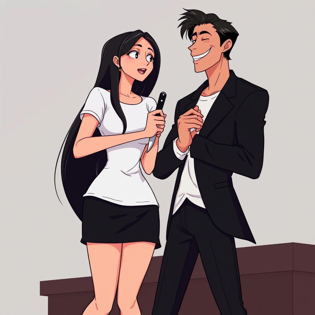 An animated scene featuring a woman wearing a white t-shirt and a black skirt with black heels, holding a knife, which is placed against the neck of a handsome man