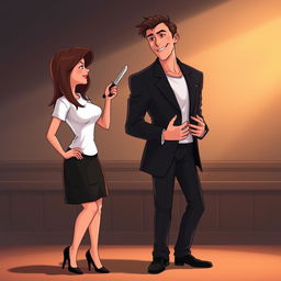 An animated scene featuring a woman wearing a white t-shirt and a black skirt with black heels, holding a knife, which is placed against the neck of a handsome man