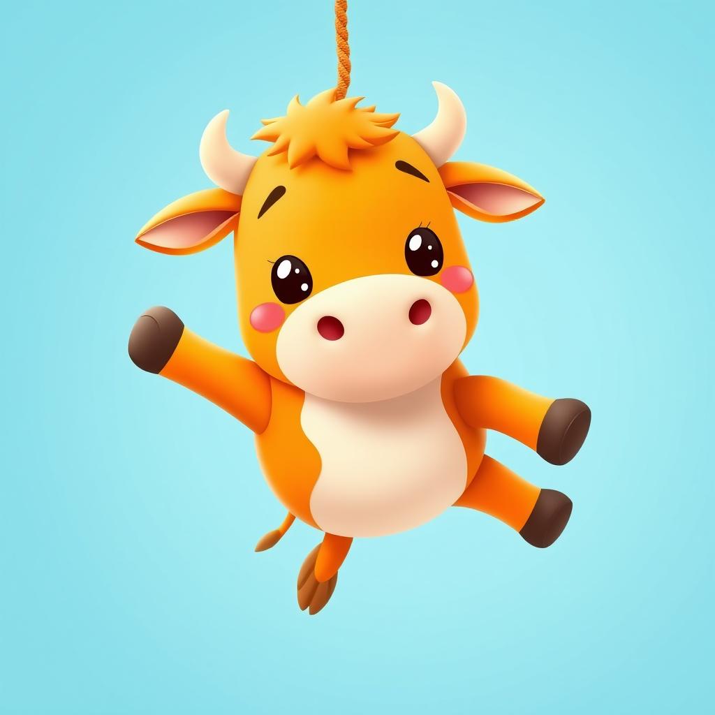 Create a cute orange limousine cow hanging in the air with a blue background