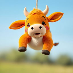 Create a cute orange limousine cow hanging in the air with a blue background