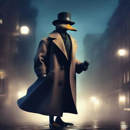 A ghostly duck wearing a classic detective trenchcoat and fedora, floating slightly above the ground