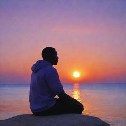 A thoughtful individual lost in deep contemplation. Their gaze fixed on the horizon, as the sun starts to set, painting the sky with mesmerizing hues of orange and purple.