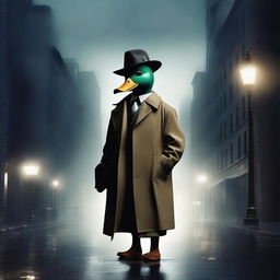 A ghostly duck wearing a classic detective trenchcoat and fedora, floating slightly above the ground