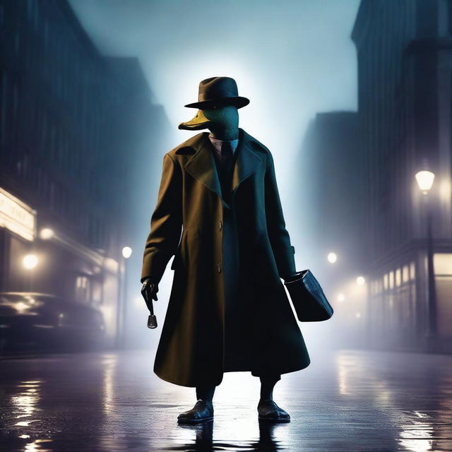 A ghostly duck wearing a classic detective trenchcoat and fedora, floating slightly above the ground