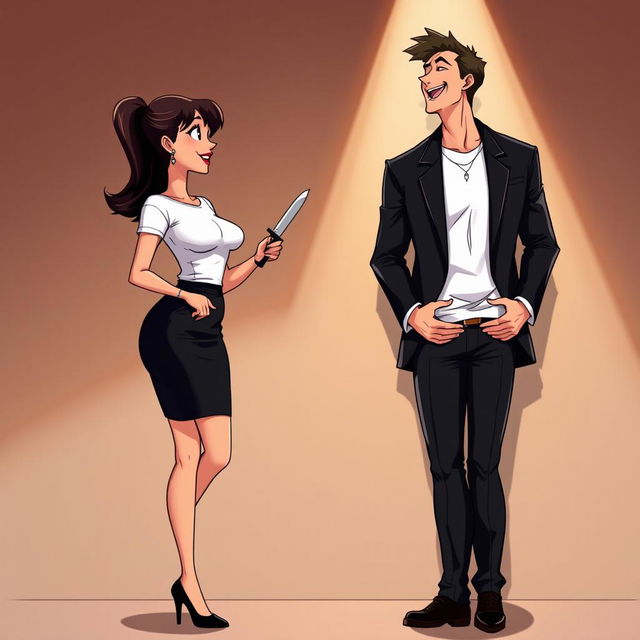 An animated scene featuring a woman in her office outfit, wearing a white t-shirt and a black skirt with black heels, holding a knife, which is placed against the neck of a handsome man