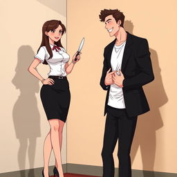 An animated scene featuring a woman in her office outfit, wearing a white t-shirt and a black skirt with black heels, holding a knife, which is placed against the neck of a handsome man