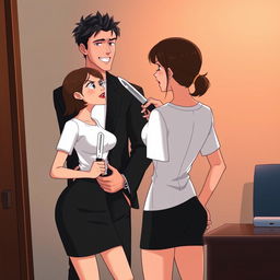 An animated scene featuring a woman in her office outfit, wearing a white t-shirt and a black skirt with black heels, holding a knife, which is placed against the neck of a handsome man