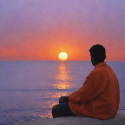 A thoughtful individual lost in deep contemplation. Their gaze fixed on the horizon, as the sun starts to set, painting the sky with mesmerizing hues of orange and purple.