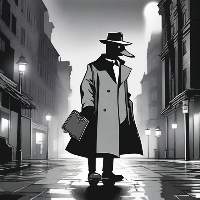 A ghostly duck wearing a classic detective trenchcoat and fedora, floating slightly above the ground