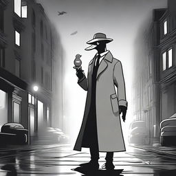 A ghostly duck wearing a classic detective trenchcoat and fedora, floating slightly above the ground