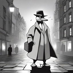 A ghostly duck wearing a classic detective trenchcoat and fedora, floating slightly above the ground