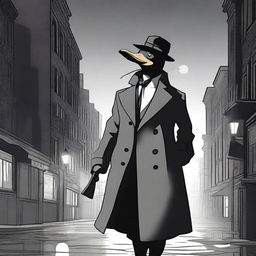 A ghostly duck wearing a classic detective trenchcoat and fedora, floating slightly above the ground