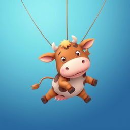 Create a cute brown limousine cow hanging in the air with a blue background