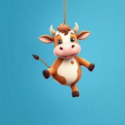 Create a cute brown limousine cow hanging in the air with a blue background