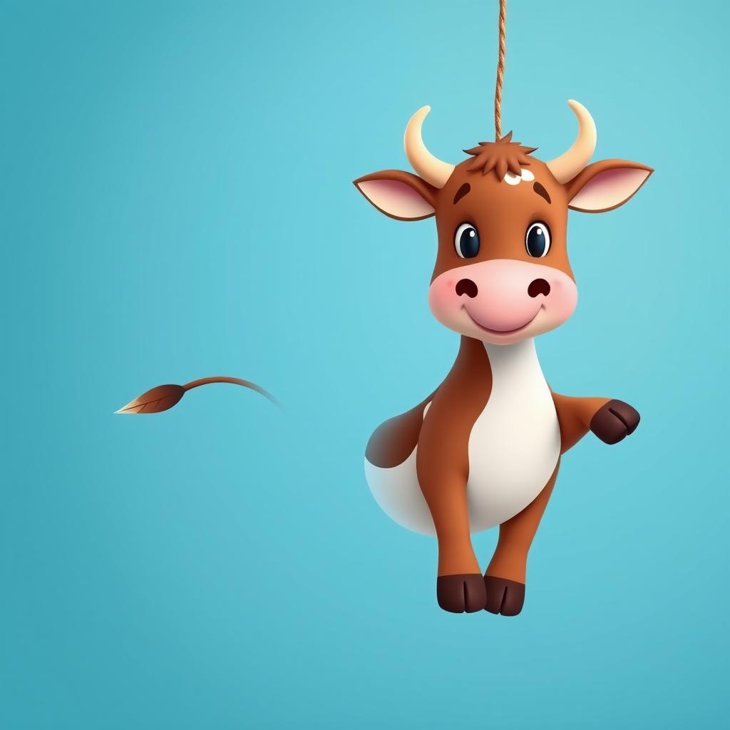 Create a cute brown limousine cow hanging in the air with a blue background