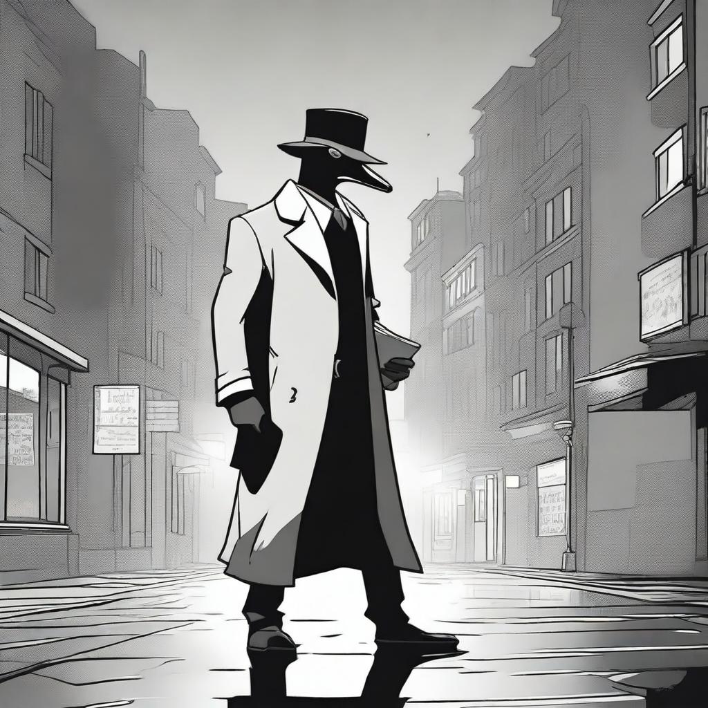 A ghostly duck superhero wearing a classic detective trenchcoat and fedora, floating slightly above the ground