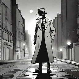 A ghostly duck superhero wearing a classic detective trenchcoat and fedora, floating slightly above the ground