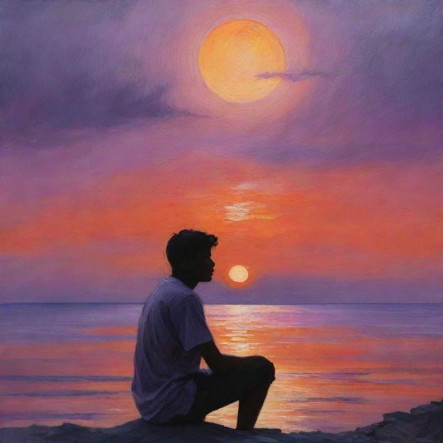 A thoughtful individual lost in deep contemplation. Their gaze fixed on the horizon, as the sun starts to set, painting the sky with mesmerizing hues of orange and purple.