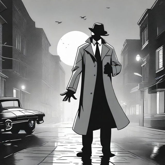 A ghostly duck superhero wearing a classic detective trenchcoat and fedora, floating slightly above the ground