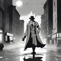 A ghostly duck superhero wearing a classic detective trenchcoat and fedora, floating slightly above the ground