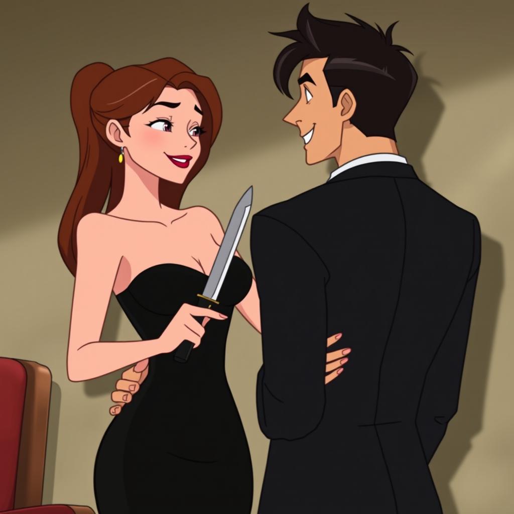 An animated scene featuring a woman wearing a black bodycon dress, holding a knife, which is placed against the neck of a handsome man