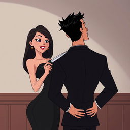 An animated scene featuring a woman wearing a black bodycon dress, holding a knife, which is placed against the neck of a handsome man