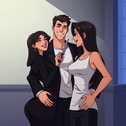 An animated scene featuring a woman wearing a black bodycon dress, holding a knife, which is placed against the neck of a handsome man