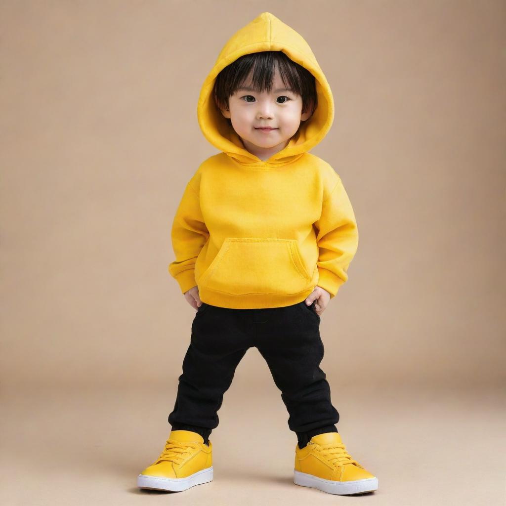 Chibi style boy dressed in a vibrant yellow hoodie, black pants, and matching yellow shoes