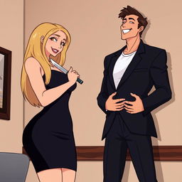 An animated scene featuring a woman wearing a black bodycon dress, holding a knife, which is placed against the neck of a handsome man