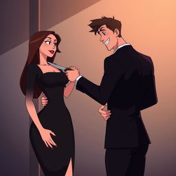 An animated scene featuring a woman wearing a black bodycon dress, holding a knife, which is placed against the neck of a handsome man