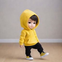 Chibi style boy dressed in a vibrant yellow hoodie, black pants, and matching yellow shoes