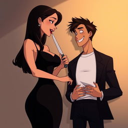 An animated scene featuring a woman wearing a black bodycon dress, holding a knife, which is placed against the neck of a handsome man