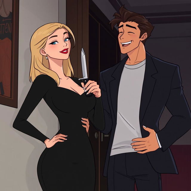 An animated scene featuring a woman wearing a black bodycon dress, holding a knife, which is placed against the neck of a handsome man