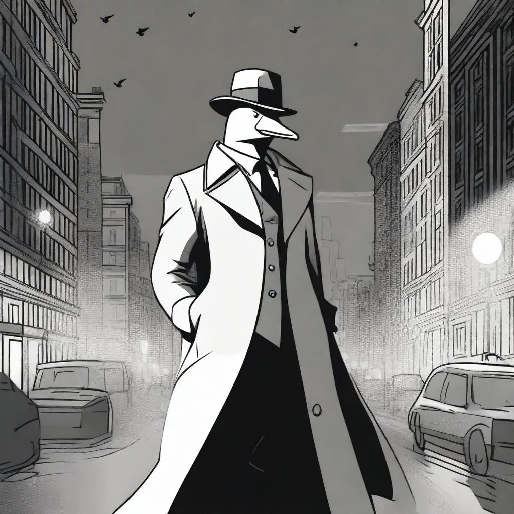 A spectral duck superhero wearing a classic detective trenchcoat and fedora, floating slightly above the ground