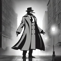 A spectral duck superhero wearing a classic detective trenchcoat and fedora, floating slightly above the ground