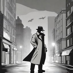 A spectral duck superhero wearing a classic detective trenchcoat and fedora, floating slightly above the ground