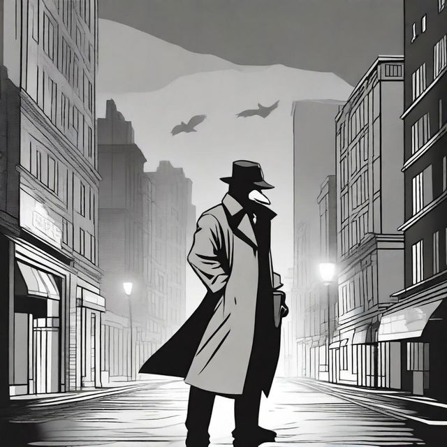 A spectral duck superhero wearing a classic detective trenchcoat and fedora, floating slightly above the ground