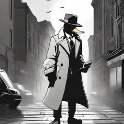 A spectral duck superhero wearing a classic detective trenchcoat and fedora, floating slightly above the ground